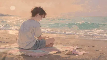 Pastel summer 4K Ultra HD PC Desktop Wallpaper and Background: a solitary figure on a towel watches soft pastel waves and sunset on a sandy shore.