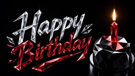4K Ultra HD PC desktop wallpaper: faceted crystal Happy Birthday lettering in silver and red on black with a geometric candle and glowing flame.