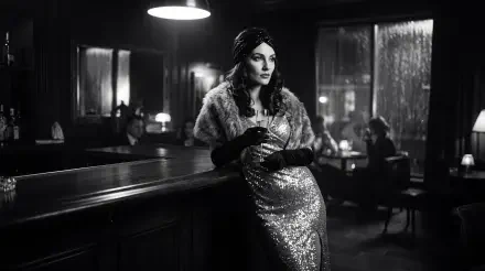 Glam 5K Ultra HD PC desktop wallpaper and background: black-and-white image of a woman in a sequined gown and fur stole leaning at a bar, holding a drink in a smoky vintage lounge.