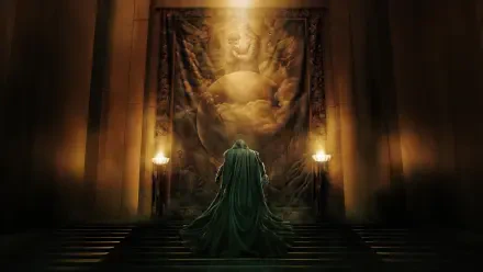 Avengers: Doomsday — cloaked figure stands before a towering mural in a dim, torchlit throne hall; dramatic, cinematic 4K Ultra HD PC desktop wallpaper and background.