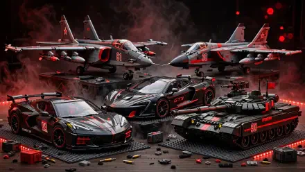HD PC desktop wallpaper of LEGO MiG-31 and Su-25 jets, a Corvette C8, Cars (Pixar)-style race cars and a tank arranged in a dramatic red-lit diorama.