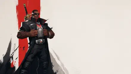 Marvel Rivals 4K Ultra HD PC desktop wallpaper and background: brooding armored hero in a black trench coat and sunglasses, pistol at his chest, red vertical stripe and paint-splatter on pale backdrop.