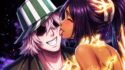 Bleach: Thousand-Year Blood War 5K Ultra HD desktop wallpaper—Kisuke Urahara grinning as cat-girl Yoruichi Shihôin playfully licks his cheek, golden energy swirling around her.