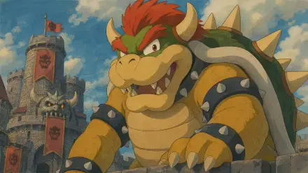 4K Ultra HD PC desktop wallpaper of Bowser snarling atop a stone castle battlement, vivid colors and rich textures under a dramatic cloudy sky.
