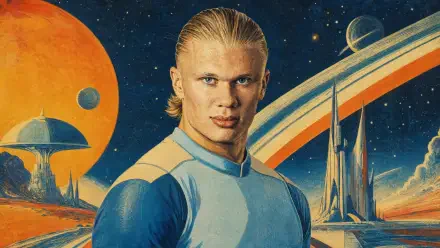 4K Ultra HD PC wallpaper: portrait of a blond male footballer rendered in retro sci‑fi style, with planets and a futuristic skyline set against a starry cosmic background.