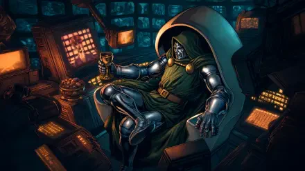 Doctor Doom in gleaming armor and green cloak sits on a high-tech throne amid glowing monitors and control panels, dramatic lighting — 4K Ultra HD PC desktop wallpaper and background.