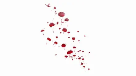 Minimalist 4K Ultra HD PC desktop wallpaper: stylized red parachutes and tiny airborne silhouettes scattered across stark white space, evoking Overlord (2018).