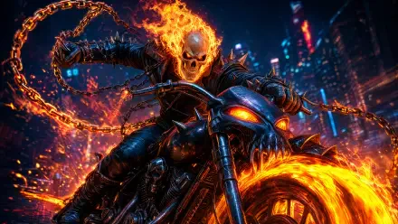 Ghost Rider with a flaming skull, chains and blazing motorcycle tearing through a neon city — 4K Ultra HD PC desktop wallpaper and background.