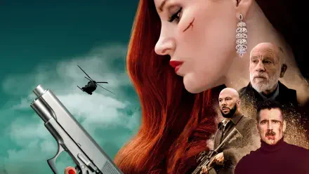4K Ultra HD PC desktop wallpaper of Ava: close-up of a red-haired woman with a cheek scar and dangling earring, handgun, helicopter over teal clouds, and three men in the background.