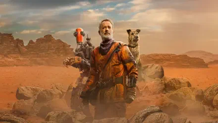 Finch: bearded man in an orange survival suit with a small robot and a dog on a windswept red desert — cinematic 4K Ultra HD PC desktop wallpaper and background.