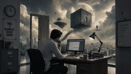 5K Ultra HD PC desktop wallpaper/background: office worker at a desk in a moody office, overlooking a surreal city of floating cubes, stairways and a giant moon.