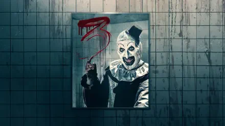 Terrifier 3 4K Ultra HD PC desktop wallpaper: a grinning white-faced clown in black-and-white costume and tiny top hat holds a bloody knife against a blood-streaked tiled wall under a red 3.