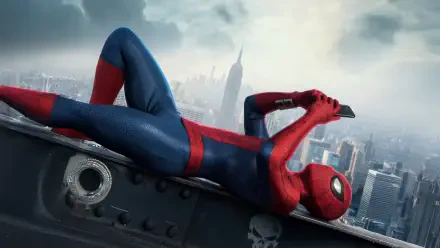 Spider-Man: Brand New Day — Spider-Man in red-and-blue suit reclined on a steel girder above a foggy city skyline; 4K Ultra HD PC desktop wallpaper/background.