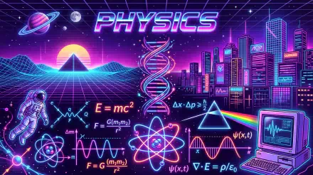 5K Ultra HD PC desktop wallpaper and background: neon synthwave physics collage — PHYSICS title, DNA helix, equations (E=mc², Δx·Δp…), atom diagrams, astronaut, laptop, pyramids and city skyline.