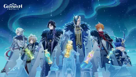 Genshin Impact 2K wallpaper: Sandrone, Arlecchino, Tartaglia (Childe) and Pantalone stand beneath an icy blue sky, clutching ornate weapons and glowing lanterns.