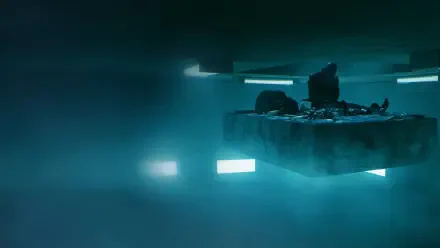 El Hoyo — HD PC desktop wallpaper: a floating concrete platform in teal fog, scattered debris on top and glowing rectangular lights beneath.
