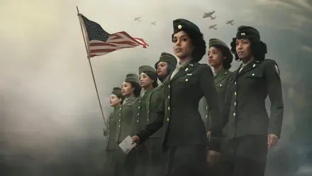 The Six Triple Eight—4K Ultra HD PC Desktop Wallpaper and Background: line of uniformed women marching, one holding an American flag beneath cloudy skies with aircraft overhead.