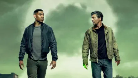 Lanterns (2026) 4K Ultra HD PC desktop wallpaper/background: two men walk through green-tinged fog, one with a faint green glow on his hand.