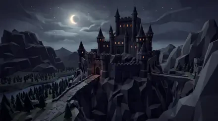 Dark fortress on jagged cliffs under a crescent moon, spires and glowing windows, atmospheric night scene — 5K Ultra HD PC desktop wallpaper/background.