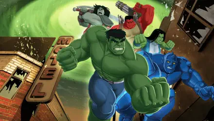 HD PC desktop wallpaper of Hulk and the Agents of S.M.A.S.H.: Green Hulk leads Red Hulk, She-Hulk, A-Bomb and Skaar charging through a neon-lit city under a swirling green sky.