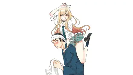 My Dress-Up Darling anime 4K Ultra HD PC desktop wallpaper: blonde girl joyfully perched on a blushing boy's shoulders, both in school uniforms against a clean white background.