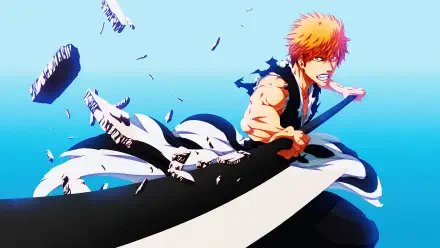 Ichigo Kurosaki from Bleach: Thousand-Year Blood War lunging with his Zanpakutō amid flying debris, dynamic 4K Ultra HD PC desktop wallpaper background.