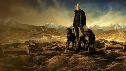The Old Man: rugged figure with two dogs on a rocky plateau overlooking golden mountains and a distant city — dramatic 4K Ultra HD PC desktop wallpaper background
