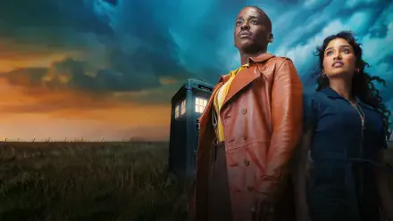 Doctor Who (2023) 4K Ultra HD PC desktop wallpaper showing two figures standing before the TARDIS in a windswept field at sunset, one in a brown coat and the other in a blue jacket.
