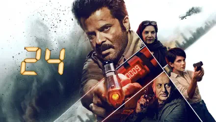 HD PC desktop wallpaper for 24: India — dramatic action collage: a determined man aiming a gun, supporting characters, the glowing digital 24 logo and a countdown panel.