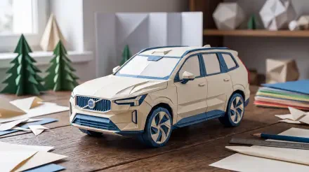 Paper-model Volvo toy car on a wooden desk surrounded by miniature trees and paper props — 5K Ultra HD PC desktop wallpaper background.