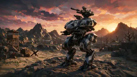 4K Ultra HD PC desktop wallpaper: a science fiction combat mech stands on rocky terrain at sunset overlooking a ruined outpost and distant mountains.