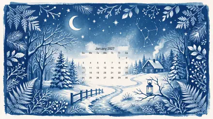 January 2027 calendar over a 5K Ultra HD winter night scene: snowy forest, moonlit sky with constellations, a cabin and lantern-lit path — PC desktop wallpaper/background.