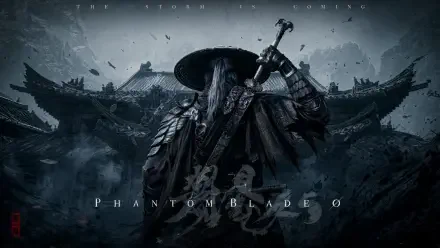 Phantom Blade Zero 4K Ultra HD PC wallpaper: cloaked samurai warrior in a wide straw hat raises a sword before a ruined temple as ash drifts through the dark sky.
