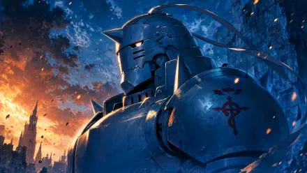 Alphonse Elric in towering armored form gazing over a burning dusk cityscape — 4K Ultra HD PC desktop wallpaper and background.