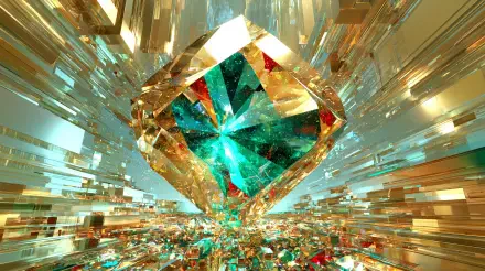 Artistic 2K Quad HD PC desktop wallpaper of a radiant gem: emerald-and-gold faceted diamond crystal bursting light amid shimmering geometric prisms.