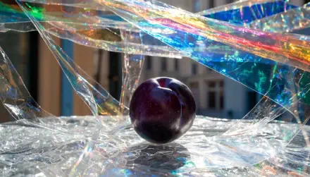 4K Ultra HD PC desktop wallpaper: glossy plum sphere (ball) rests on iridescent film, refracting rainbow light into a surreal desktop background.