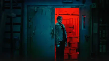 Slow Horses 4K Ultra HD PC desktop wallpaper: a solitary man stands in a red-lit doorway within a cool blue industrial room, moody cinematic atmosphere.