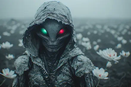 4K Ultra HD PC wallpaper: Alien GrayS character design — hooded gray extraterrestrial with glowing red and green eyes amid misty white flowers, space-inspired background.