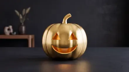 Minimal Halloween 5K Ultra HD desktop wallpaper: golden jack-o'-lantern pumpkin with smiling cutouts on a dark tabletop background.