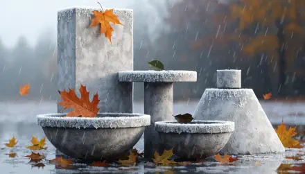 4K Ultra HD PC desktop wallpaper: rustic fall scene with stone bench and table, rain-splashed leaves on and around weathered concrete bowls and pedestals.