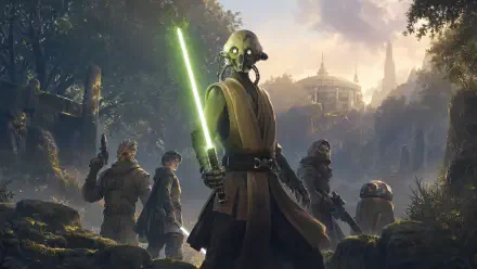 4K Ultra HD PC desktop wallpaper from Star Wars: Zero Company — video game art of a Jedi wielding a green lightsaber leading allies through a misty forested cityscape.