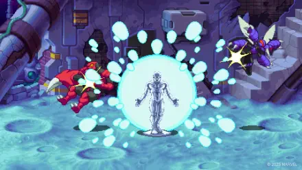 HD PC wallpaper from MARVEL Cosmic Invasion video game: Silver Surfer stands in a glowing portal of magic energy while combatants clash in a ruined sci‑fi battleground.
