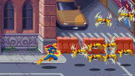 HD PC wallpaper for the video game MARVEL Cosmic Invasion: Nova (Marvel Comics) sprints down a city street, a superhero firing golden cosmic blasts at swarming winged aliens.