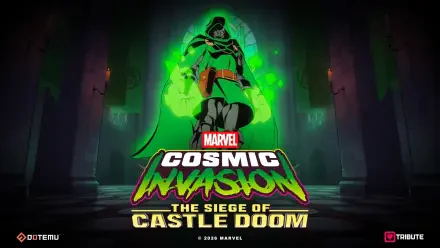 HD PC desktop wallpaper for MARVEL Cosmic Invasion video game: Doctor Doom bathed in green energy in Castle Doom, with Cosmic Invasion: The Siege of Castle Doom logo (Marvel Comics).