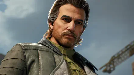 HD PC wallpaper of Hawks from Star Wars: Zero Company — rugged male pilot in a jacket against a cloudy sky, cinematic Star Wars video game character portrait.