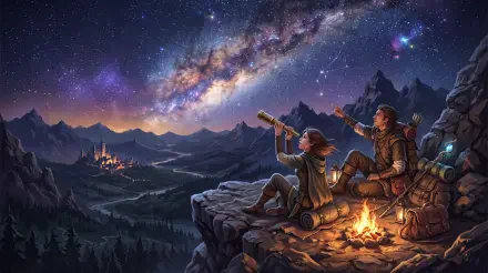 5K Ultra HD desktop wallpaper showing two stargazers on a mountain ledge beside a campfire, one with a telescope, the Milky Way arching across a vivid night sky over distant peaks.