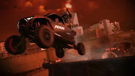 HD PC desktop wallpaper for Call of Duty: Black Ops 7 showing an off-road RZR racing vehicle launching over a fiery urban chasm in a high-speed racing sequence.