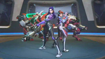 4K Ultra HD PC desktop wallpaper: Futuristic video game Overwatch scene with D.Mon (Overwatch) and allies posing before armored mechs in a neon-lit arena.