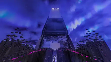 Futuristic Call of Duty: Black Ops 7 Ultra HD 4K PC wallpaper of a towering skyscraper rising into a stormy purple sky, neon-lit platform and drifting debris.