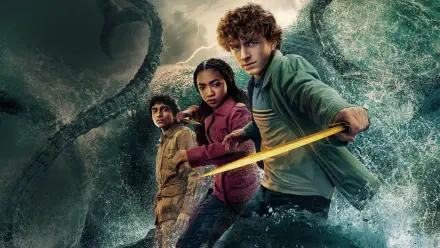 4K Ultra HD PC desktop wallpaper: Percy Jackson & the Olympians: The Lightning Thief — three young heroes face a giant sea monster as Percy wields a glowing sword.